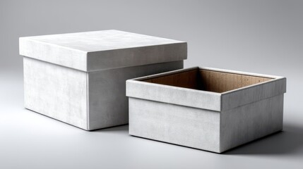 Two white cardboard gift boxes on gray background