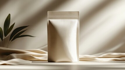 Beige stand up pouch mockup on fabric