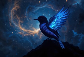 Obraz premium Luminous Bluebird Bioluminescent Effect on Feathers Creates a Striking Contrast with the Dark Background