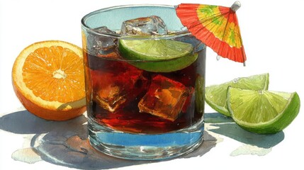 Watercolor painting of a refreshing cuba libre cocktail