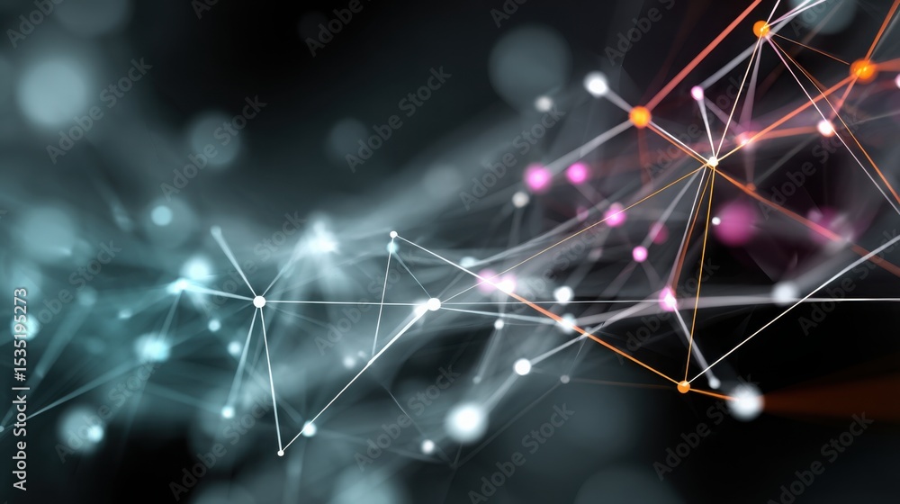 Poster digital abstract network pattern with glowing lines and soft nodes, transparent background, calm fut