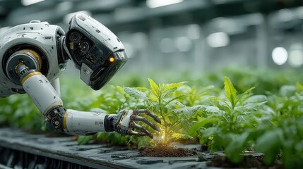 Advanced agricultural robot tending to plants