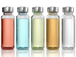 Glass vials with colored liquids, row of scientific containers holding solutions isolated on white background