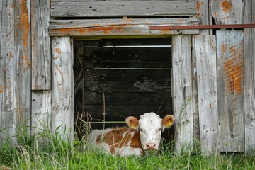 Rusty Old Wooden Barn with a Cow Laying Inside at a Farm with Grass Around