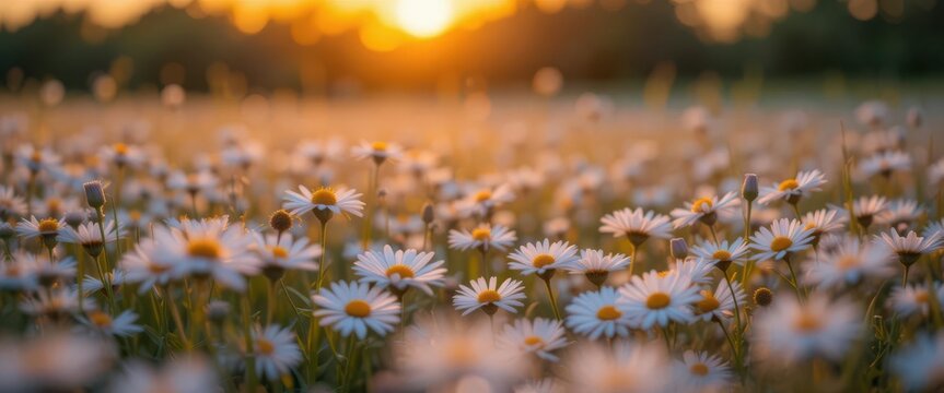  Wide Shot of a Daisy Meadow at Sunset with Warm Sunlight and Blurry Background