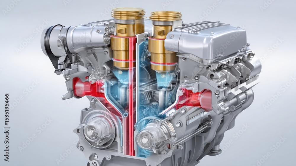 Poster dual injection system diagram, direct and port injectors working together, cross-section of engine, 