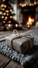 Rustic christmas gift by fireplace and tree