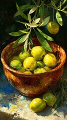 Sunlit olives in a rustic terracotta bowl