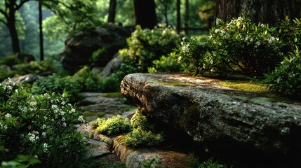 Sunlit mossy rocks in a serene forest setting