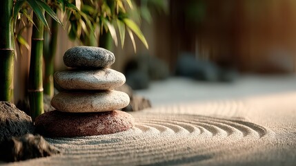 Serene zen garden with stacked stones and bamboo