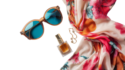 Fashion flat lay - sunglasses, silk scarf, perfume, and earrings, minimalist layout, white background, top view, PNG