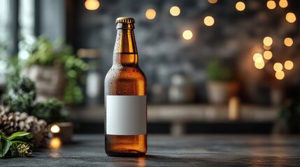 Cold beer bottle with blank label on table