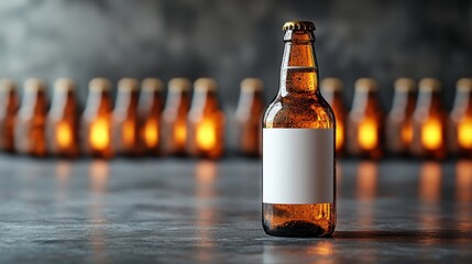 Single beer bottle with blank label and blurred background