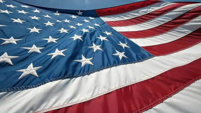 Close-up of the USA flag waving, showing stars and stripes, macro shot in stunning 4K HD. Patriotic American symbol with vivid detail.