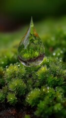 A single dewdrop on vibrant green moss