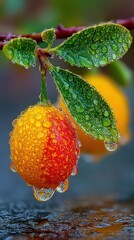 Dew covered fruit on branch with vibrant colors