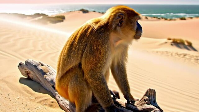 funny nosed monkey - A solitary monkey sitting on a log in a vast desert landscape, with dunes and ocean waves visible in the background, showcasing nature's beauty