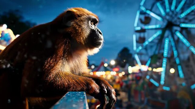 funny nosed monkey - A contemplative monkey gazes at a vibrant carnival scene with a ferris wheel, capturing the lively atmosphere of a festive evening
