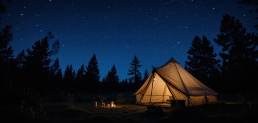  Night Camping A Camping Lantern Shines in the Dark Blue Night Revealing a Vintage Tent Underneath the Stars