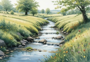  Babbling Brook Capturing the Tranquility and Charm of the English Countryside with Delicate Watercolor Techniques