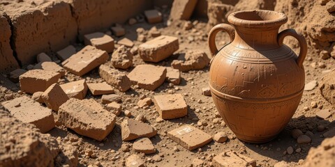 Unearthed History Close up of a Reconstructed Roman Vase, Rustic Texture, Muted Earth Tones, Excavation Site Background,