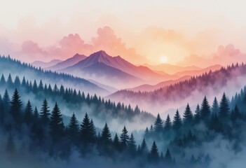  Dreamy Forest Sunset Aerial Watercolor Abstract with Mountain Peaks and Soft Tree Lines Ethereal Nature Landscape