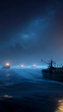Fishing boat fleet navigates ocean at night beneath starry sky for maritime industry and nocturnal fishing voyage