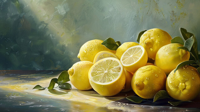 Bright, fresh lemons with green leaves, perfect for culinary use, drinks, or decor. Zesty citrus appeal.