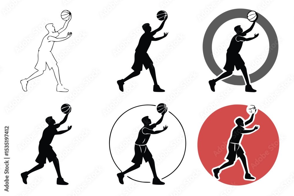 Poster silhouettes of basketball player shooting a ball in multiple styles and color variations