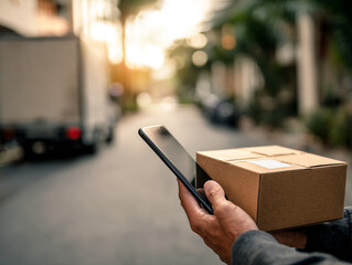 A courier using a smartphone app to confirm a last-mile delivery