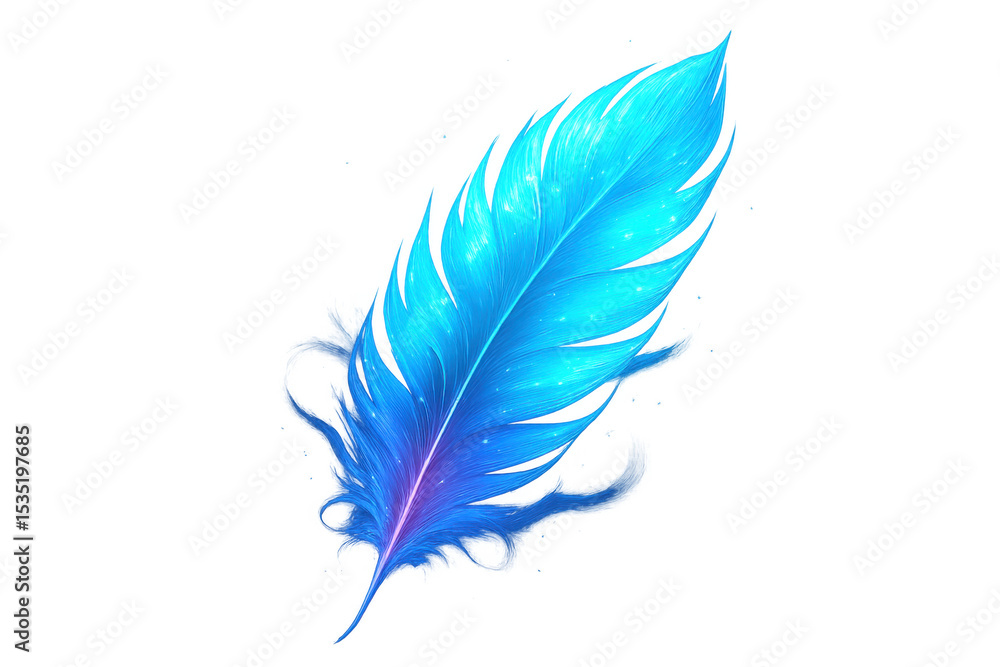Poster light blue feather with glowing particles floating on a transparent background, ideal for graphic de