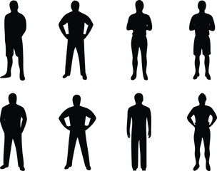 Vector silhouettes of diverse standing men in various poses and different clothing styles