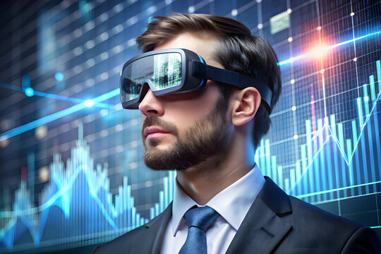 Businessman wearing vr headset analyzing stock market data in futuristic digital environment