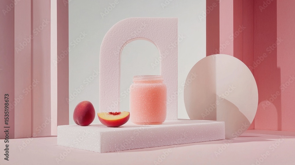 Poster decorative arrangement with peach and pink backdrop highlights a jar filled with a soft pastel subst
