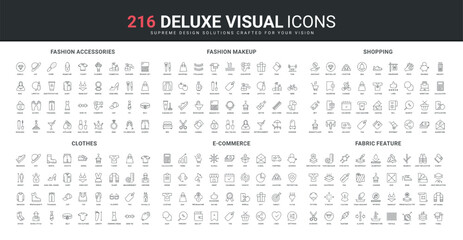 Fashion makeup and cosmetics, accessory and clothes size measurement, ecommerce line icon set. Shopping on online sales in store, fabric feature thin black outline symbols vector illustration