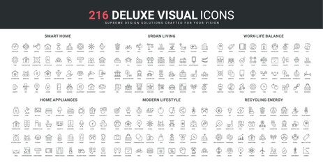 Obraz na płótnie Canvas Smart home control, electrical appliances and healthy lifestyle line icon set. Modern city infrastructure and work life balance, recycling technology thin black outline symbols vector illustration