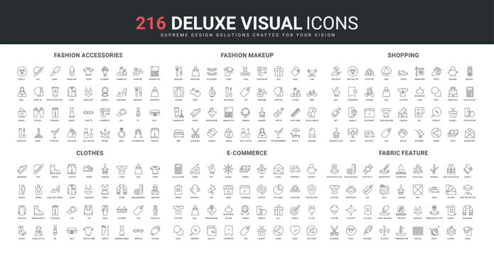 Fashion makeup and cosmetics, accessory and clothes size measurement, ecommerce line icon set. Shopping on online sales in store, fabric feature thin black outline symbols vector illustration