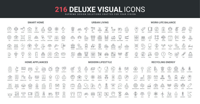 Smart home control, electrical appliances and healthy lifestyle line icon set. Modern city infrastructure and work life balance, recycling technology thin black outline symbols vector illustration