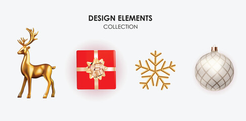 Golden deer, gift box, snowflake and ball 3d decoration for christmas and new year design. Vector Illustration.eps