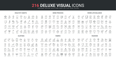 Healthy habit and stress control, casual clothes, fashion, thinking process in head of person line icon set. Protective fabric and layers, eco tag thin black outline symbols vector illustration