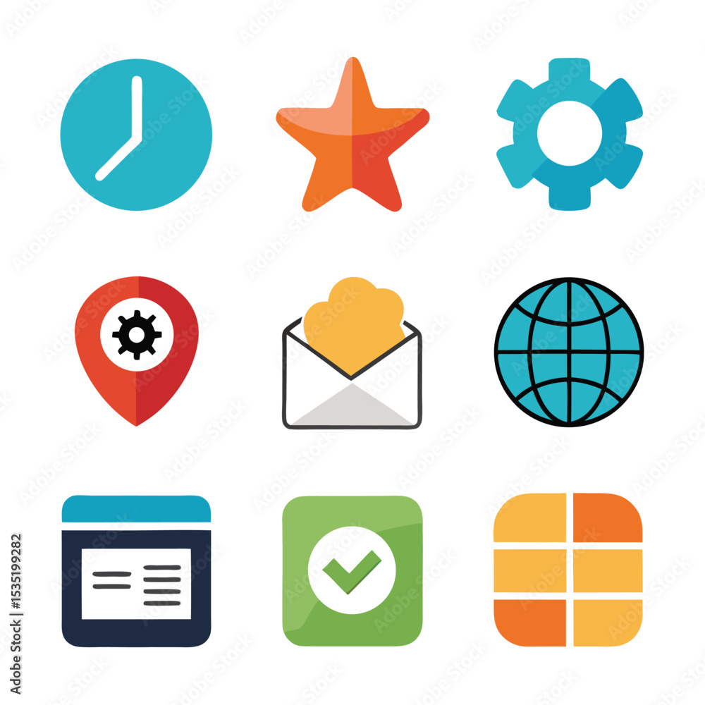 Poster colorful flat design icons representing various interface elements and application functionalities