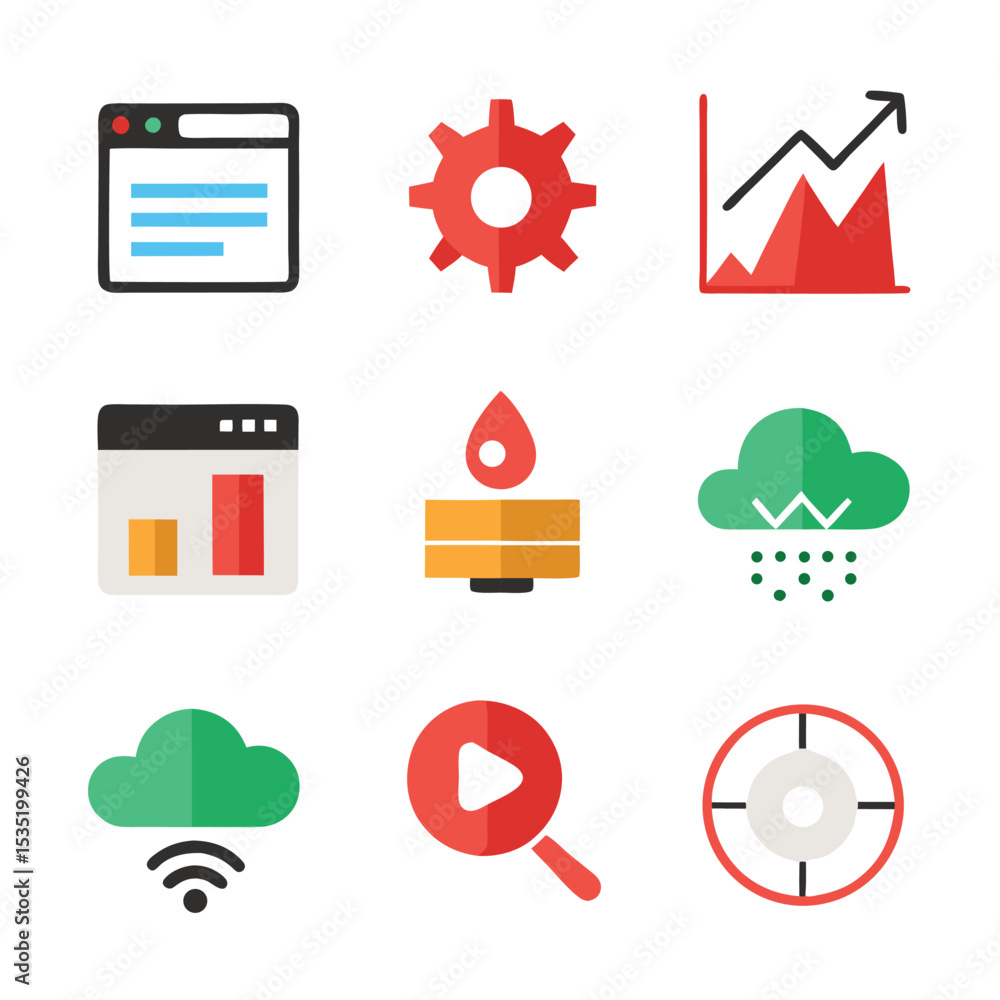 Poster set of modern flat icons illustrating data analysis and business operations with vibrant colors