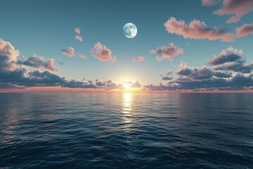 Horizon, clouds and full moon by ocean with sunset for peace
