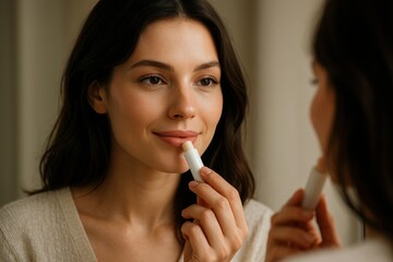 A woman applies lip balm, looking at her reflection in a mirror. Natural beauty and daily skin care routine for healthy lip.