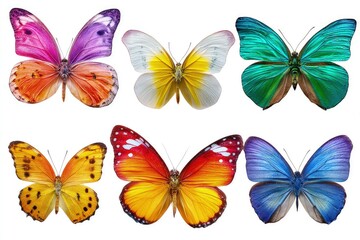 Colorful butterflies, unique species showcasing wing patterns and natural diversity isolated on white background