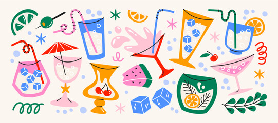 Cartoon stickers cocktails in glass jars and glasses, set of alcoholic drinks and fruits. Retro cans of refreshing drinks with ice for party. cocktail ingredients. trending doodle stickers
