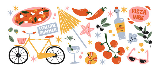 Italian food and culture stickers set in retro cartoon style. Food and drink: pizza, pasta, wine, tomato. Illustration in funky, doodle style, trendy labels set.