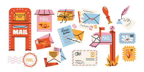 Postal stickers and envelopes in retro cartoon style. Mail objects: letters, stamps, mailboxes, wax seal. Cute correspondence collection for stickers. Illustration in retro doodle cartoon style