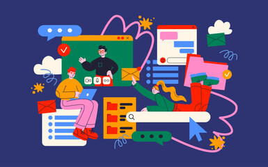 Cartoon characters with internet search bar and digital icons in memphis style. Surfing the Internet, website, online company. Search panel in the browser. Vector mascot illustration