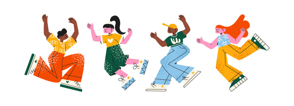 Happy cartoon retro characters in 90s style jumping. Groovy set of people in flight smiling women and men. Hippie funky illustration	